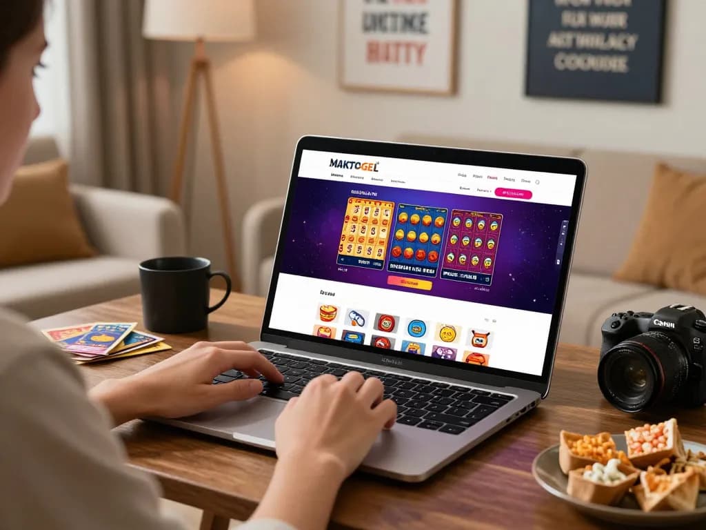Engaging user on MAKTOGEL gambling website, enjoying a digital lottery experience in a cozy atmosphere
