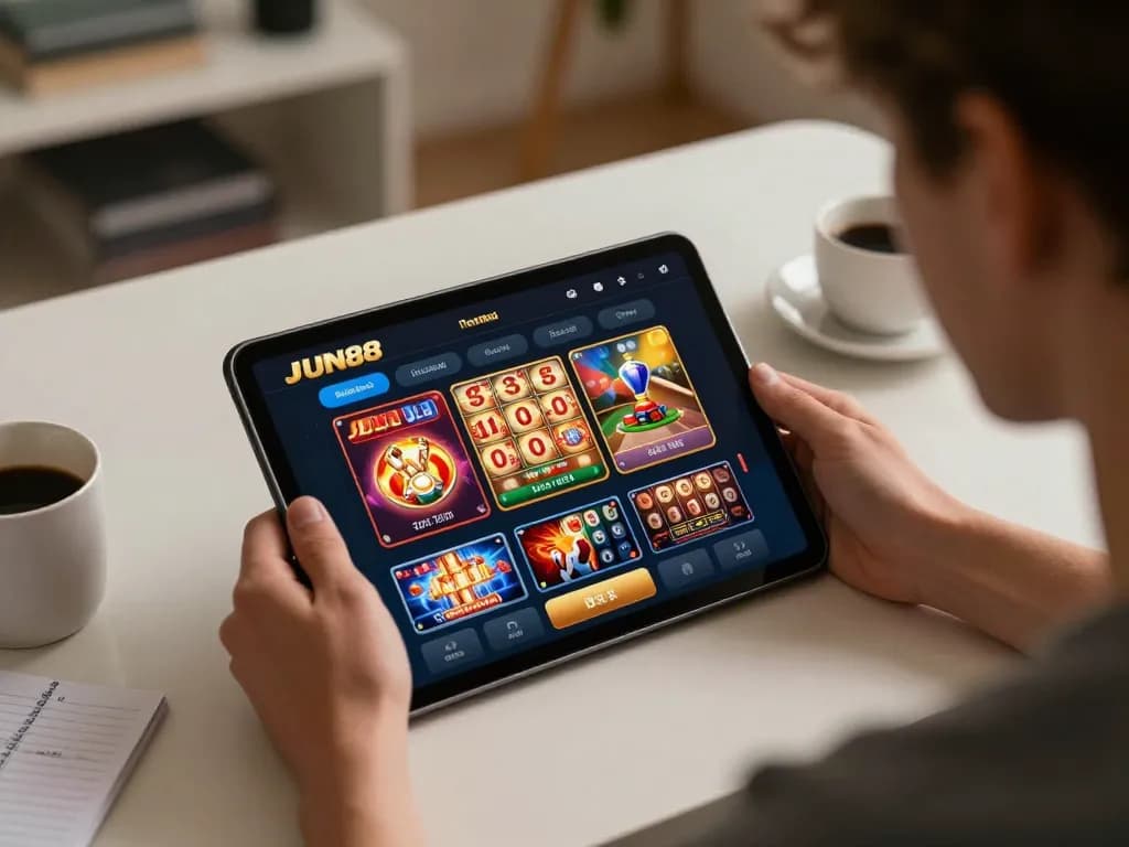 Engaging user playing JUN88 casino app in a cozy home setup with coffee and strategy notes.