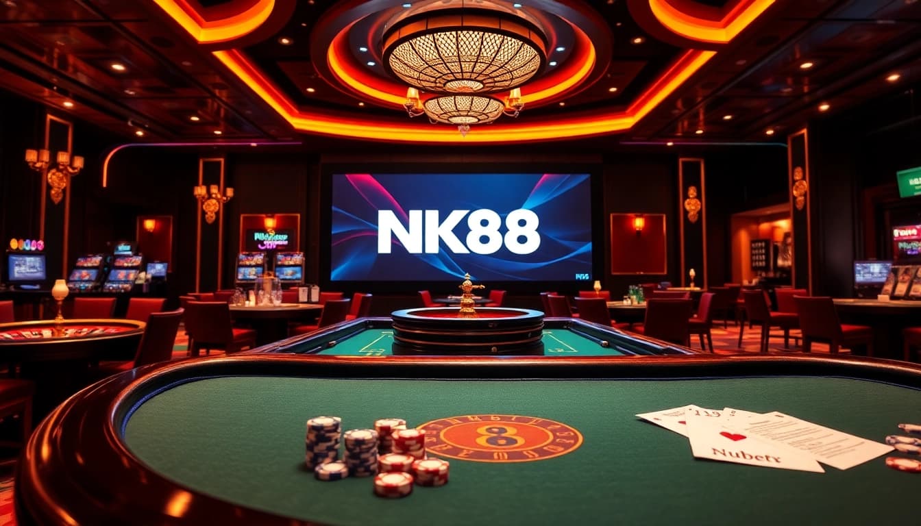 Engage with NK88's vibrant casino atmosphere filled with poker tables and chips