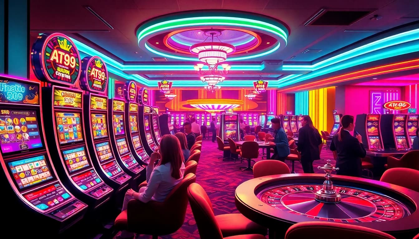 Exciting scene at AT99娛樂城 showcasing players at vibrant casino machines.
