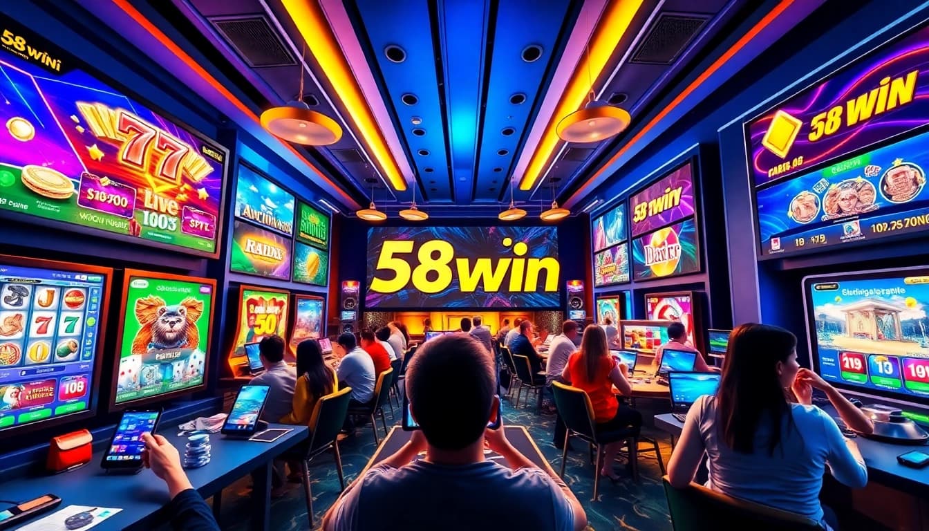 Exciting online casino scene showcasing 58win with players on various devices, vibrant colors, and engaging games.
