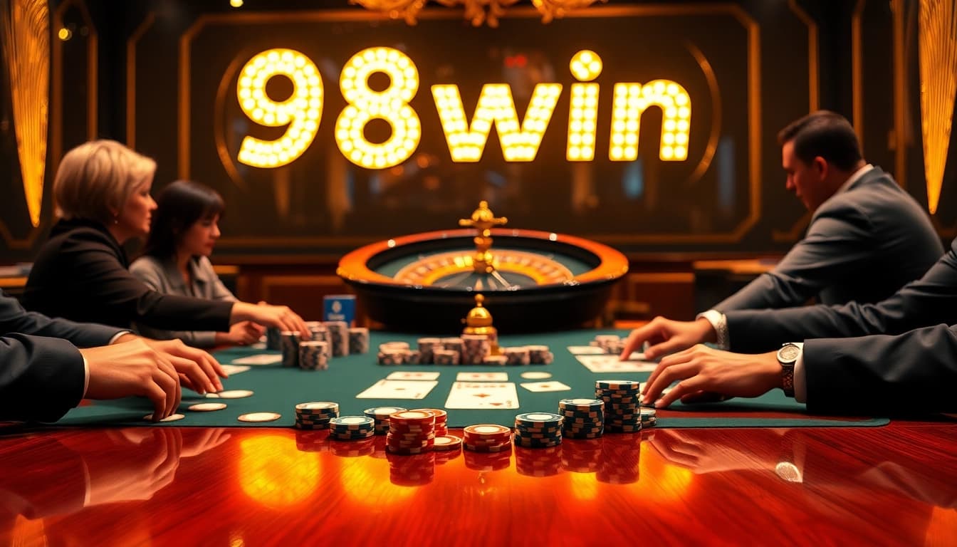 Experience the thrill of poker with 98win's high-stakes action at an elegant casino table.