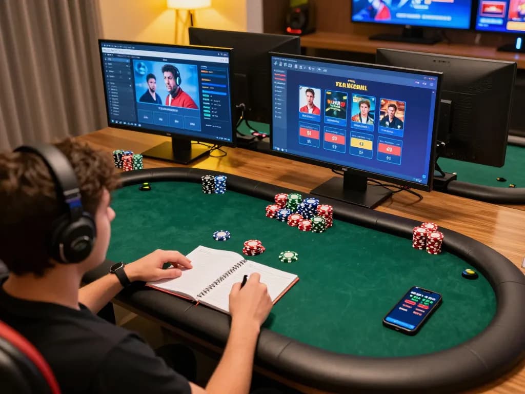 Engaging in strategic online poker at https://lv88.tips/ with organized chips and betting strategies visible