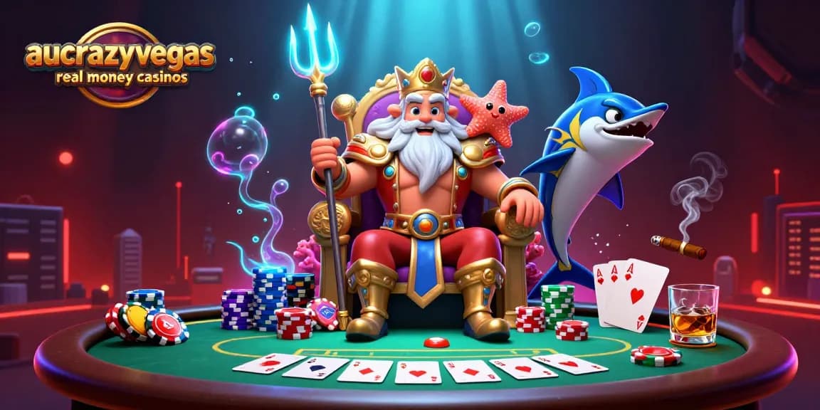 Engage with aucrazyvegas real money casinos through a vivid underwater casino scene full of poker excitement.
