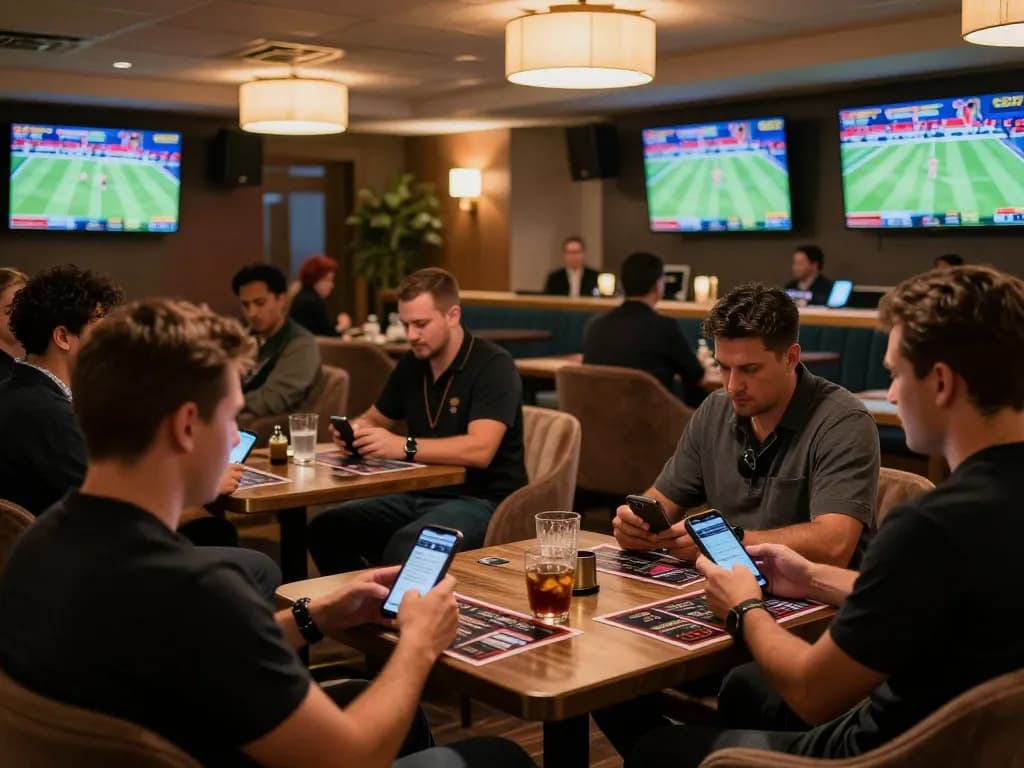UK88 bettors engaging in thrilling sports wagering at a stylish lounge with multiple screens