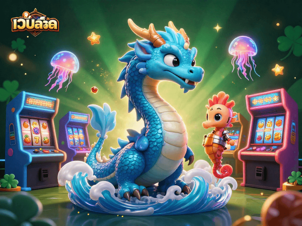 Play เว็บสล็อต with a vibrant scene of a water dragon, slot reels, and glowing elements.