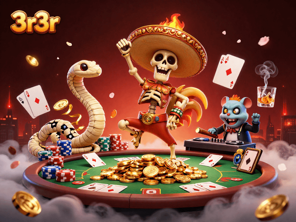 Engage with 3r3r through a vibrant 3D gambling scene showcasing unique characters and poker elements.