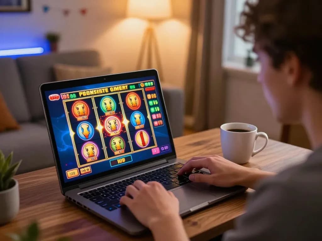 Gsc108 player enjoying thrilling online slot game session at home, maximizing excitement in a colorful atmosphere