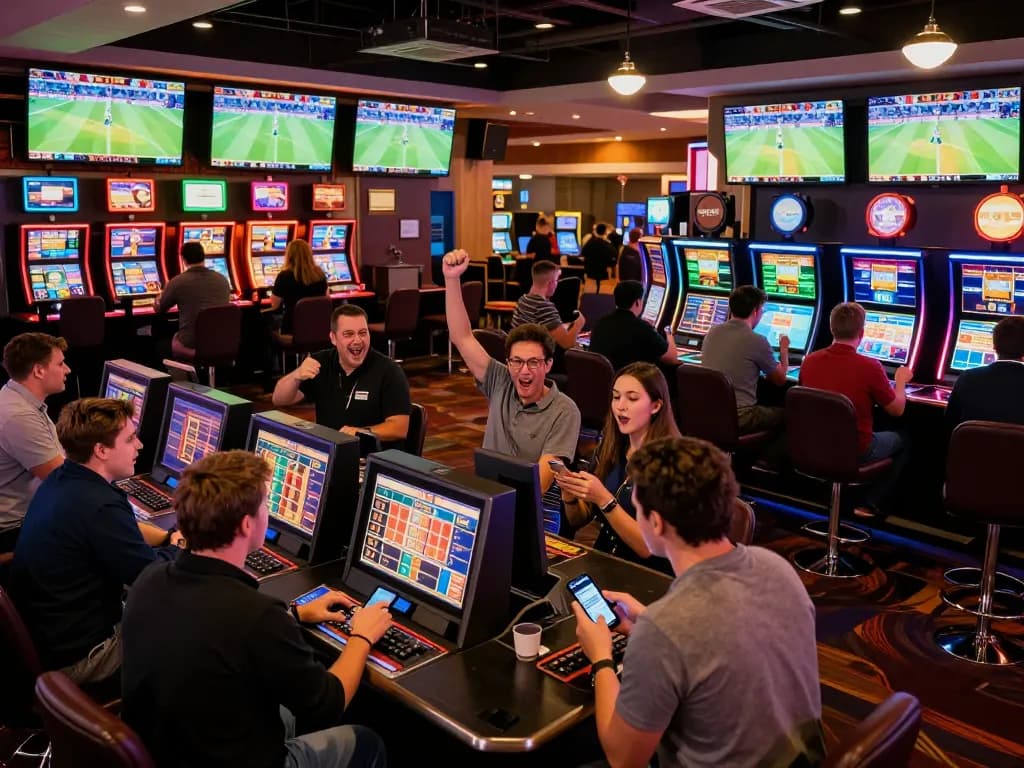 Excited sports bettors engaging dynamically at SOC88 casino, fervently placing wagers while cheering on live events.