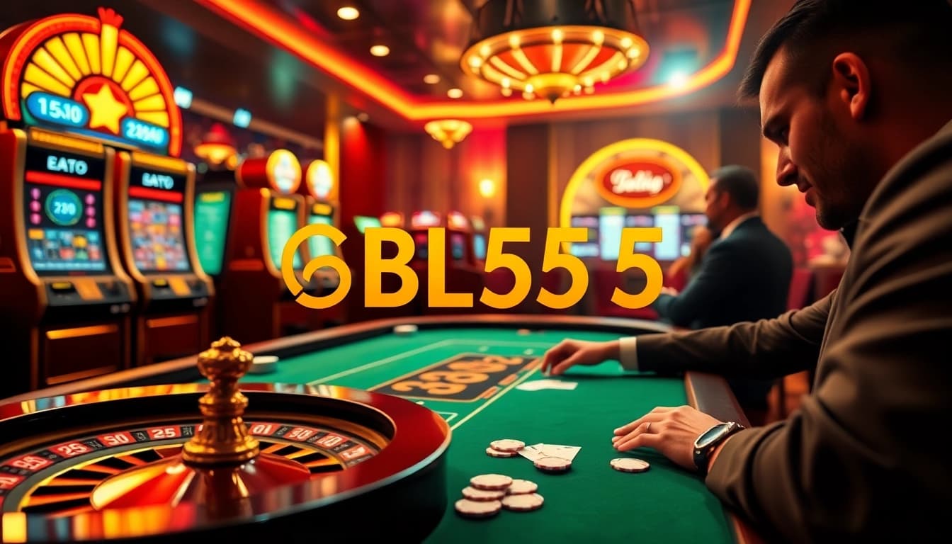 Experience the thrill of betting at BL555 with vibrant casino visuals showcasing poker chips, cards, and a roulette wheel.