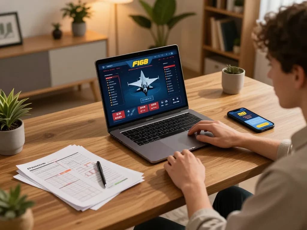 Playing at F168 online casino on a sleek laptop while tracking betting strategies at home