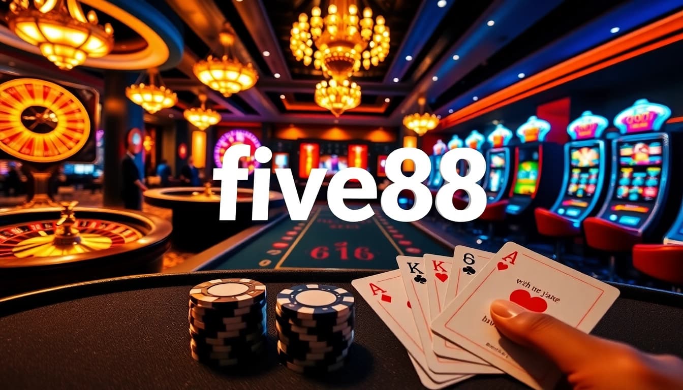Players engaging with vibrant five88 casino games featuring roulette and slot machines.