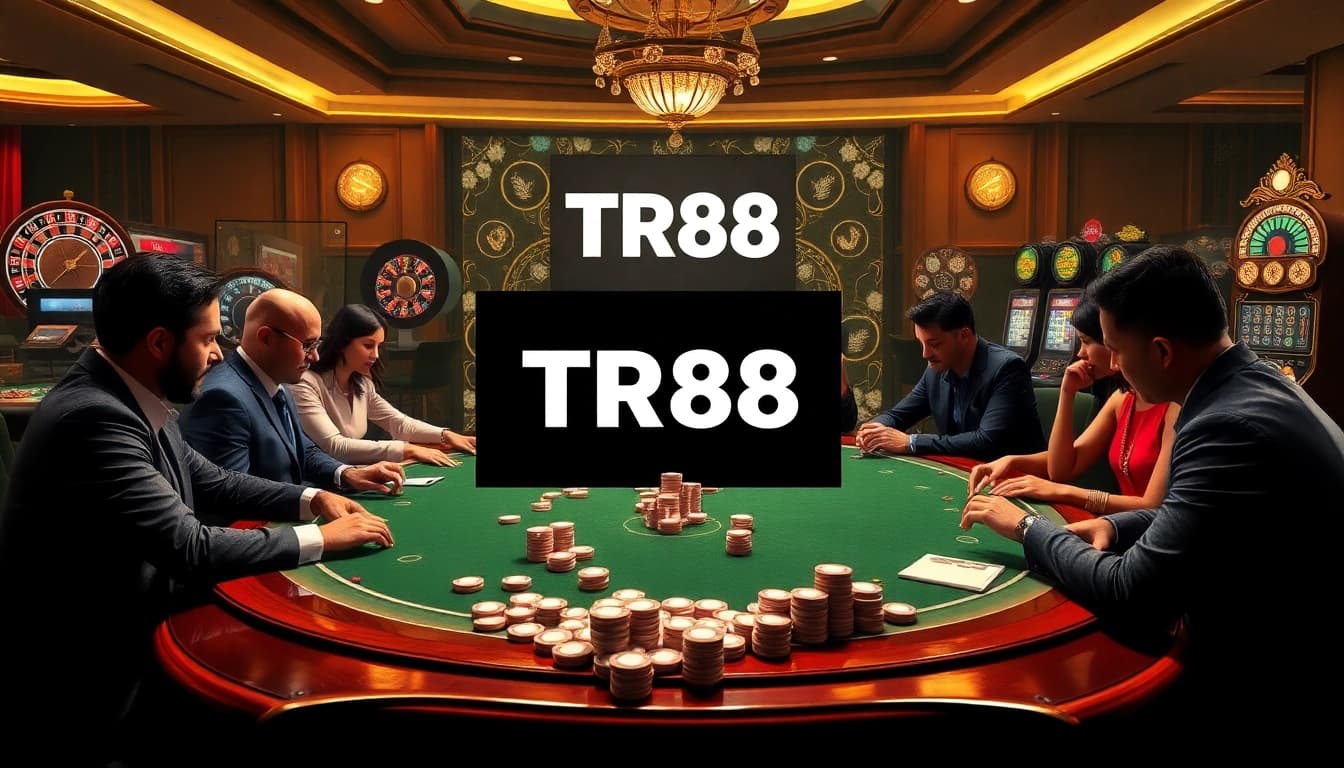 Engage in an exciting poker game at TR88 casino with vibrant chips and a luxurious atmosphere.