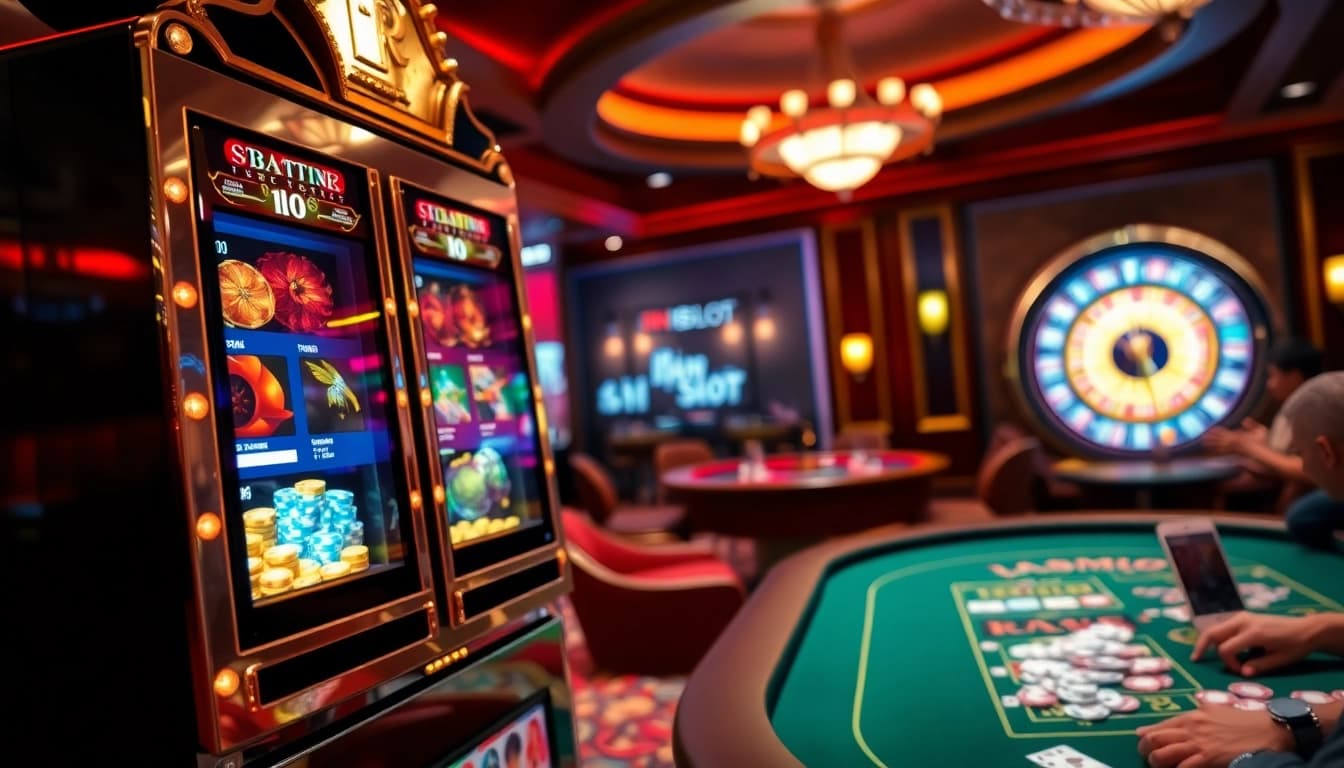 Experience the excitement of idnslot with a vibrant casino scene showcasing slot machines and roulette.