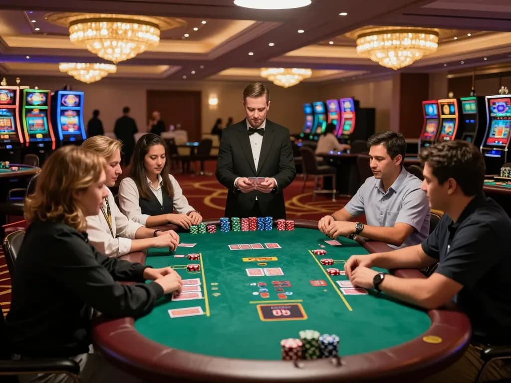 Players engaging in a strategic game of blackjack at a luxurious casino, highlighting 링크모음 for optimal gameplay.