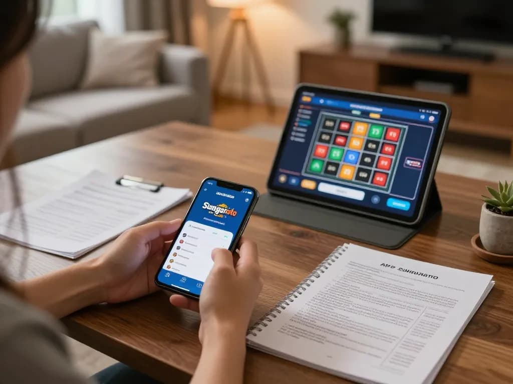 Engaging with apk sungaitoto on smartphone in a cozy living room, demonstrating online gaming strategy.