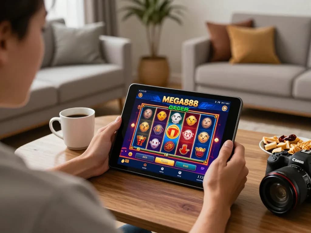 Engaging gameplay on the MEGA888 app with vibrant slots, cozy home atmosphere.