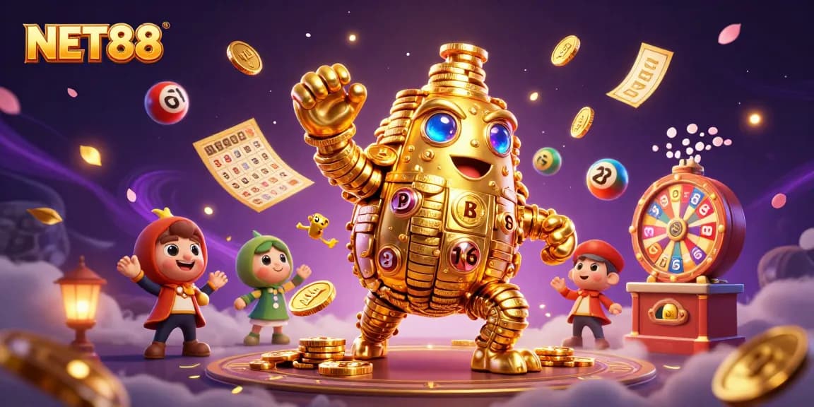 Engage with NET88's vibrant casino scene featuring lottery elements and a golden golem.