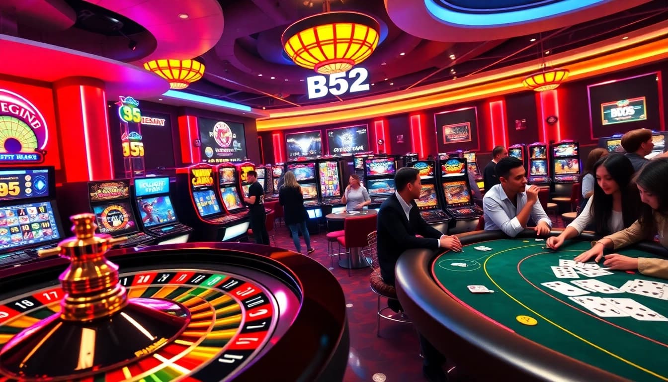 B52 online casino showcasing vibrant casino games, roulette, and slot machines in a luxurious setting.