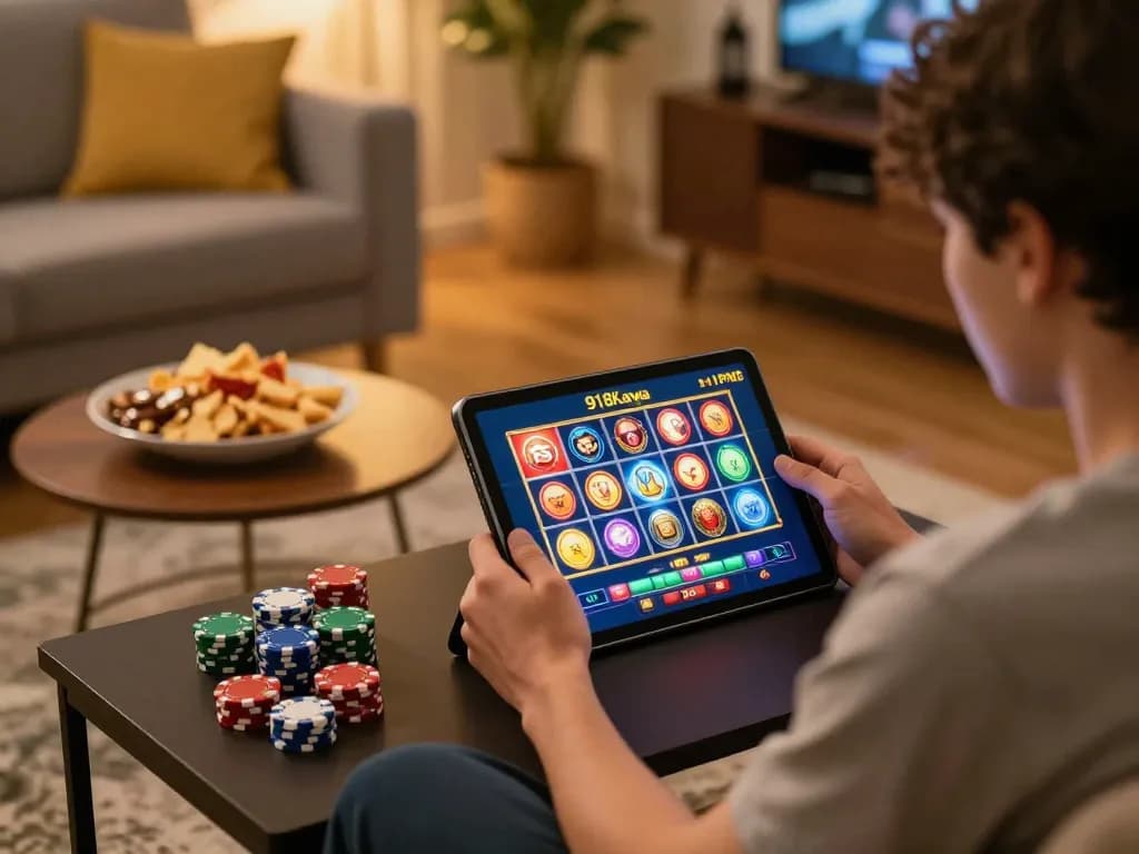 Engaged player enjoying 918Kaya PNG on a tablet in a cozy home setting with snacks and poker chips.