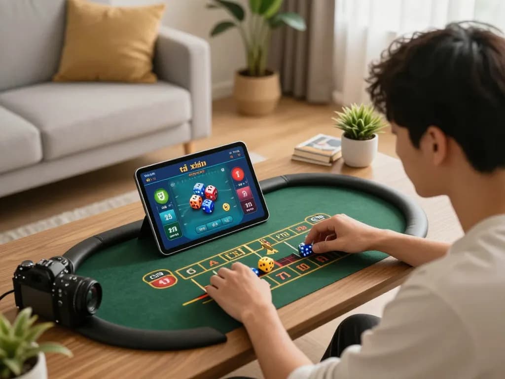 Tài xỉu game being played on a tablet in a cozy living room, featuring dice and betting interface.