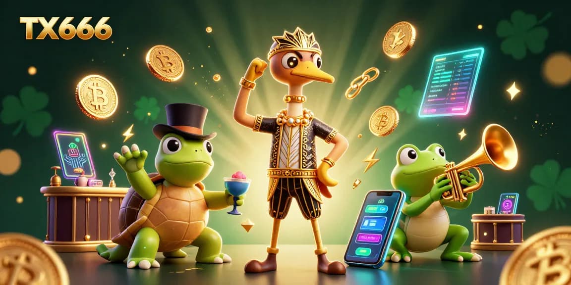 Experience thrilling TX666 casino gameplay with our vibrant characters and luminous crypto elements.