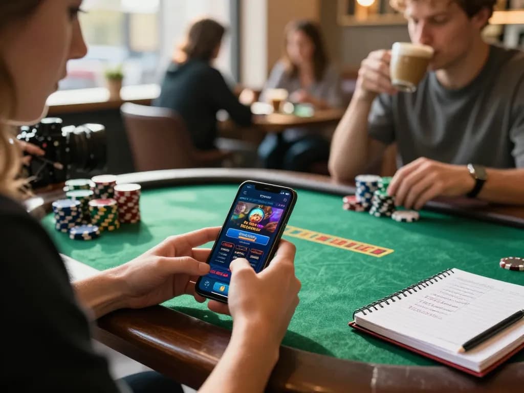 Player strategizing with SC88 mobile app while enjoying coffee at café table