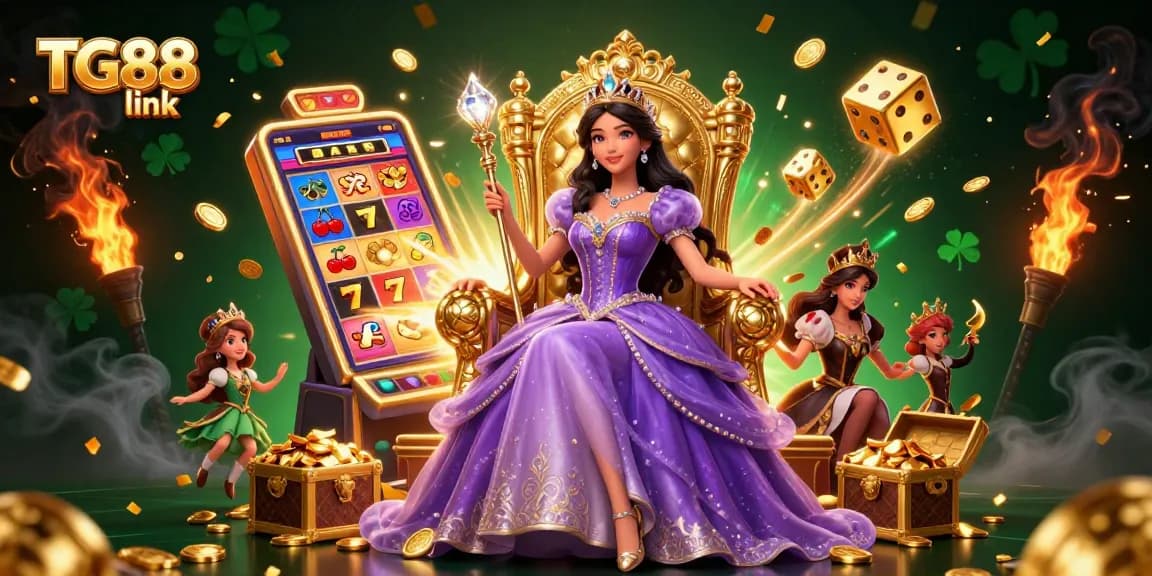 Spin the reels of fun with TG88 link, featuring an Asian princess in a vibrant casino scene.