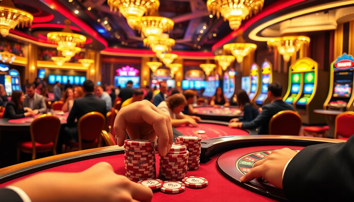 8DAY poker players strategizing with vibrant chips and a roulette wheel for high-stakes excitement.