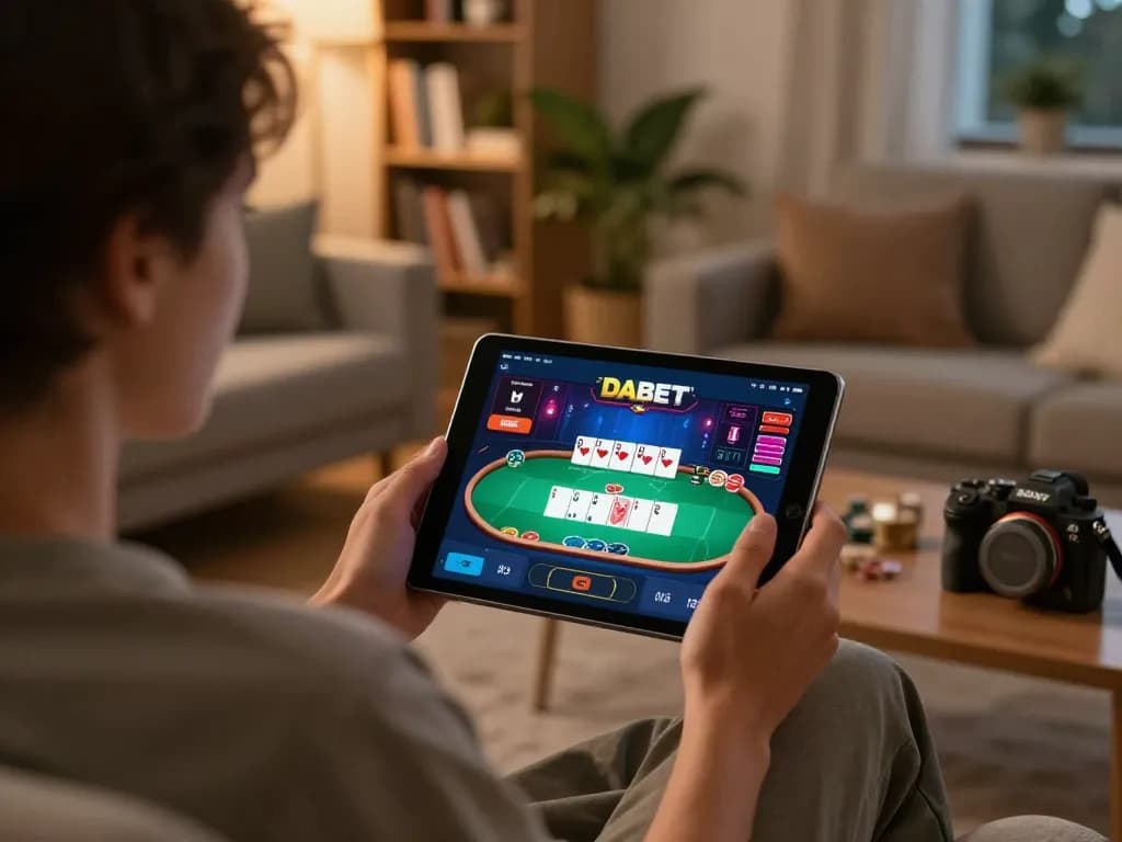 DABET online casino app user enjoying poker in a cozy living room setting.