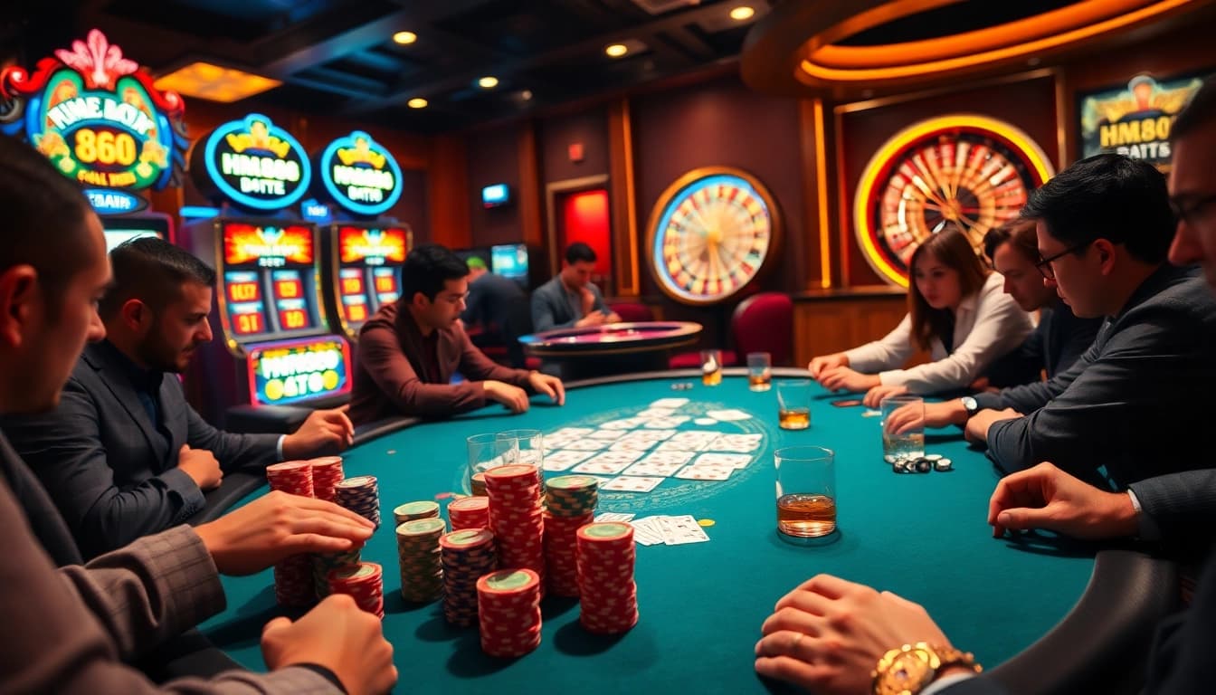Players enjoying a high-stakes poker game at HM88 Casino, surrounded by vibrant energy and luxury.