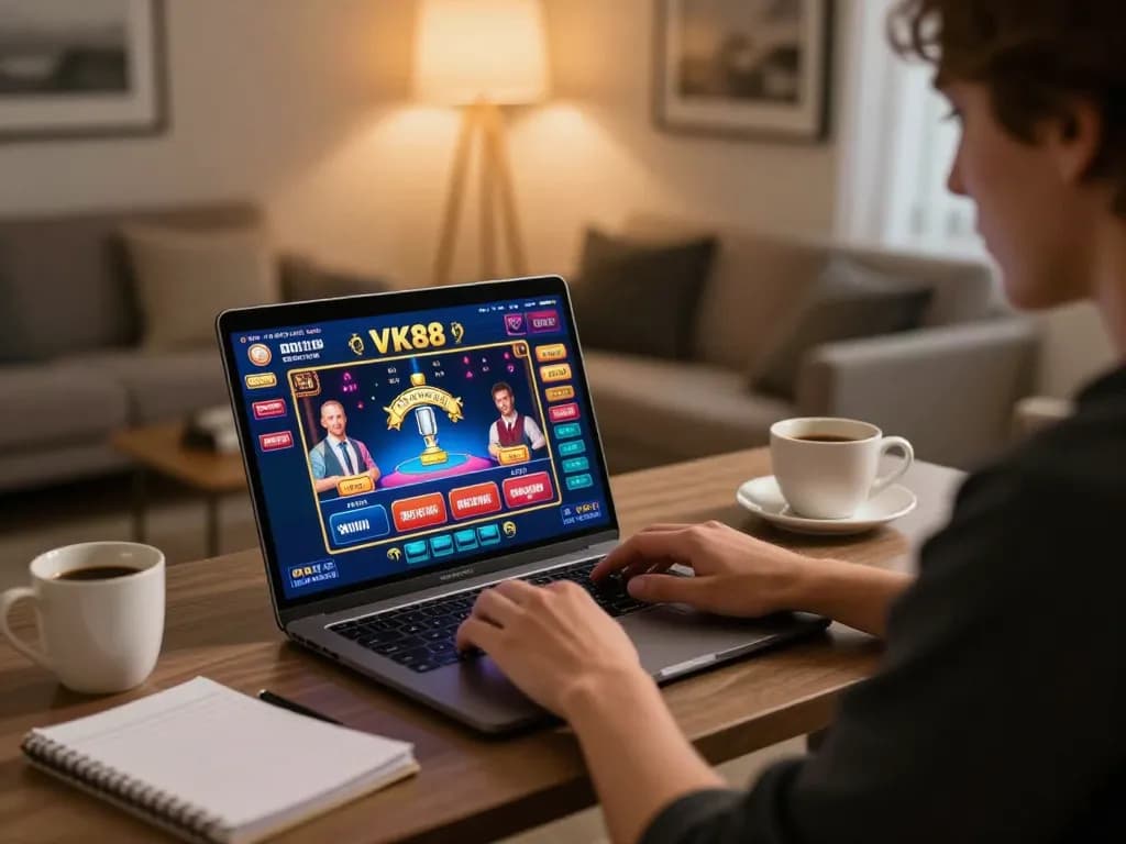 Engaging online casino session at VK88 with player using laptop, warm home setting enhances gaming experience
