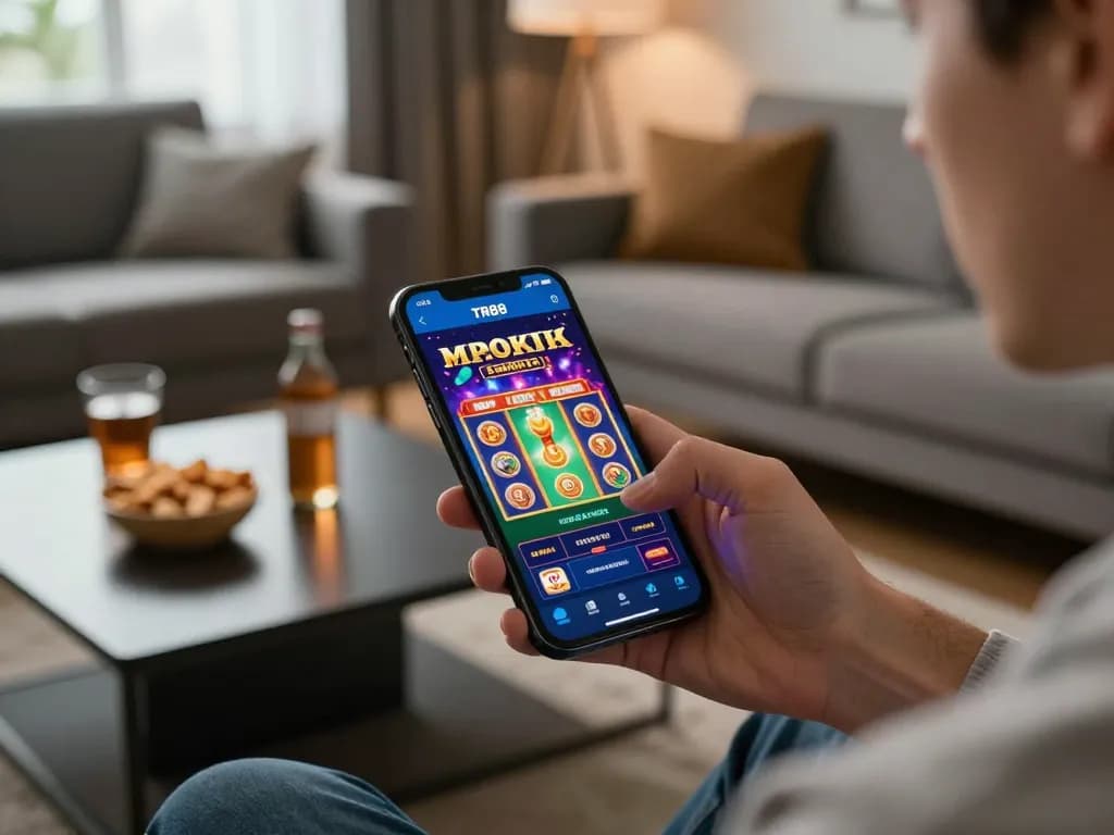 Player enjoying TR88 mobile casino app on smartphone in cozy home setting, engaging with exciting slot game