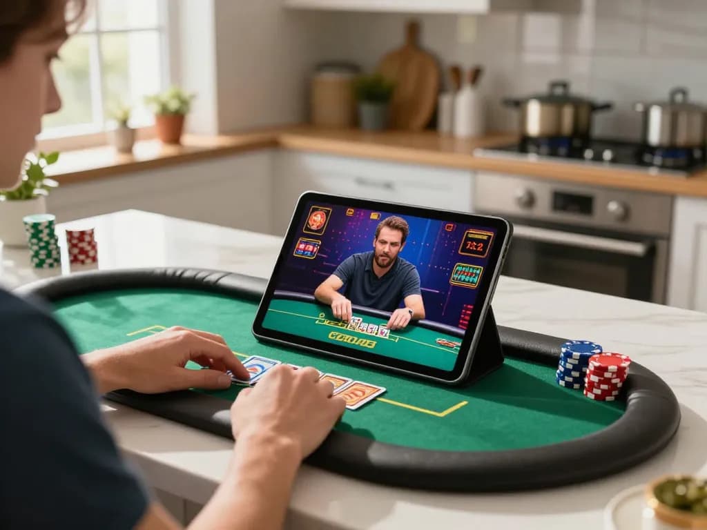 uk88 player enjoying online poker on tablet at home, showcasing engaging gameplay and a modern kitchen.