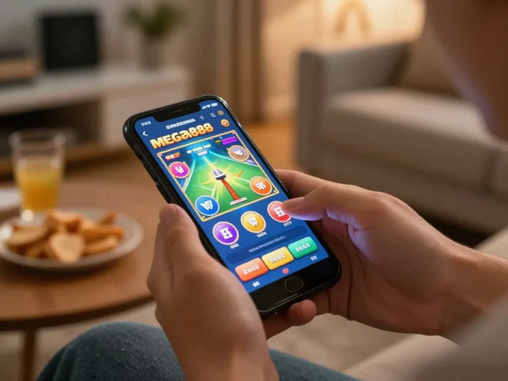 Engaging gameplay on Mega888 mobile app, showing a user interacting with vibrant casino game interface.