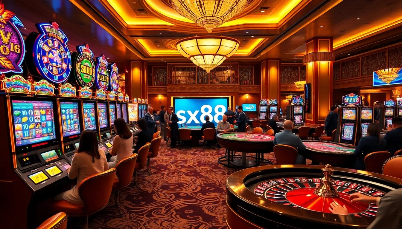 Experience the excitement of sx88 at a vibrant casino filled with slot machines and poker action.