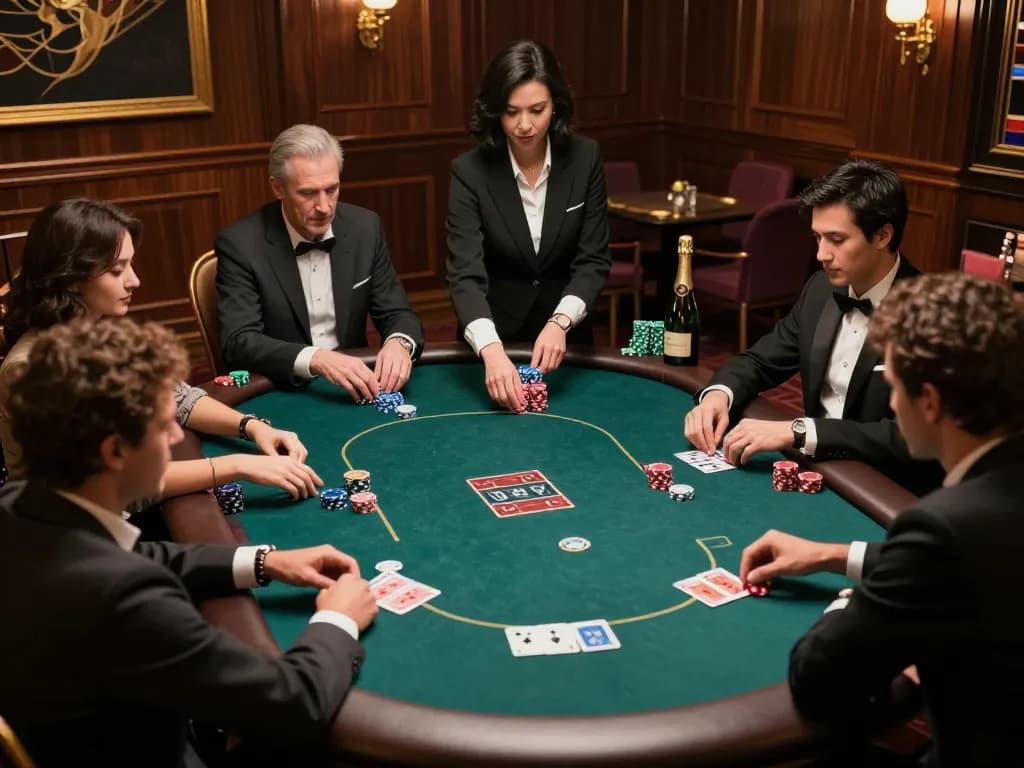 Engaged players at a kerajaanslot high-stakes poker table, showcasing strategic gameplay in a luxurious casino atmosphere.