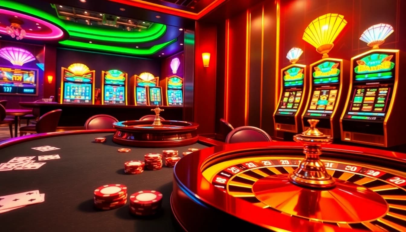 Exciting online gambling scene featuring Rikvip poker table and vibrant slot machines.