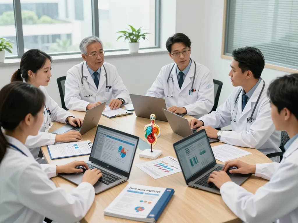 Collaborative healthcare team discussing MB66 film treatment in a modern setting.