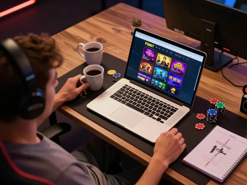 Player enjoying F8BET’s online casino experience at a cozy home setup