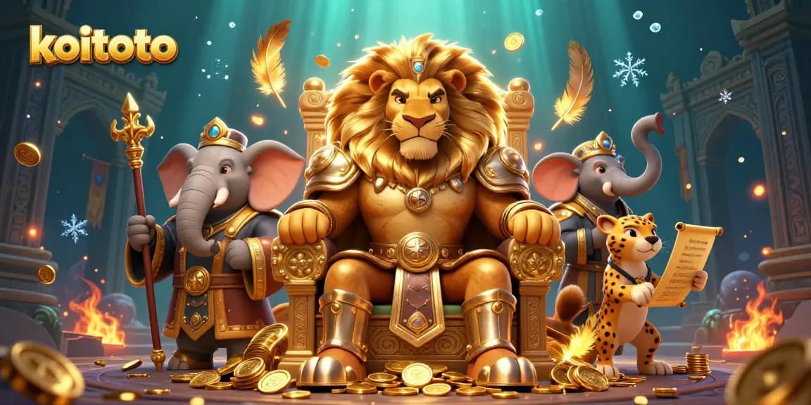 Koitoto offers thrilling results with an illustrated scene featuring a lion king, elephant advisor, and cheetah messenger.