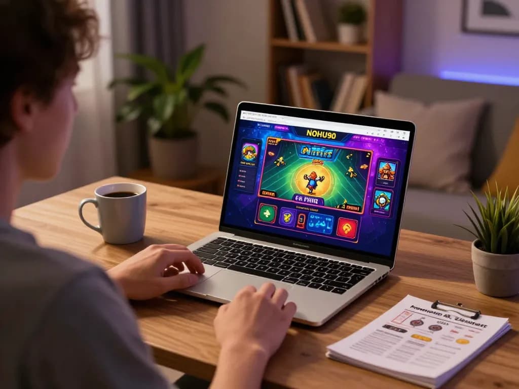 Engaged user strategizing on NOHU90 casino app from a cozy home office.