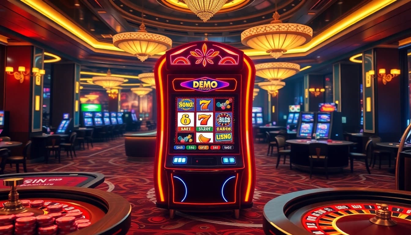 Play an exciting demo slot game within a luxurious casino environment filled with vibrant colors and poker tables.