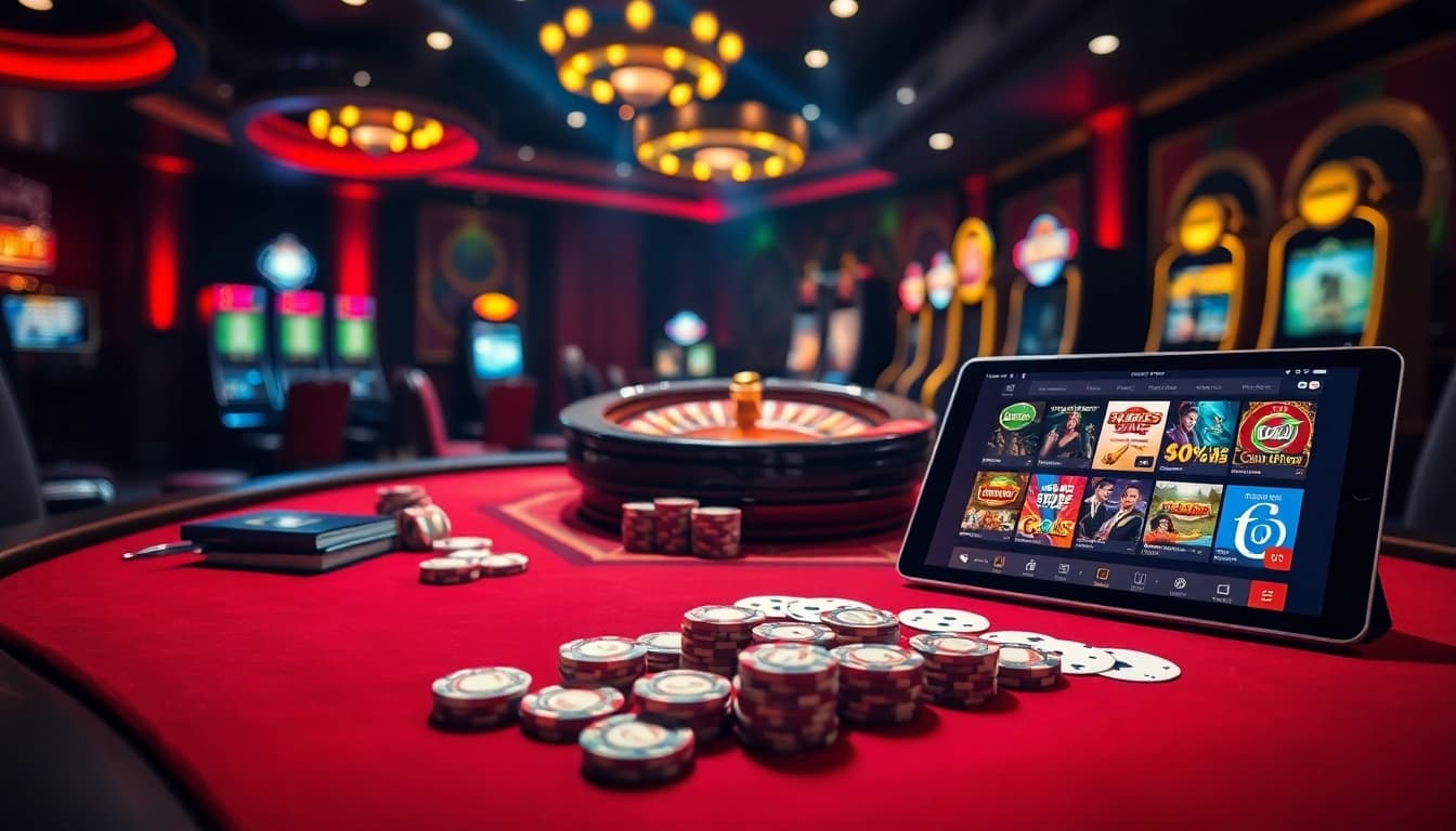 Experience thrilling gameplay at a casino table featuring GO8 poker chips and vibrant slots.
