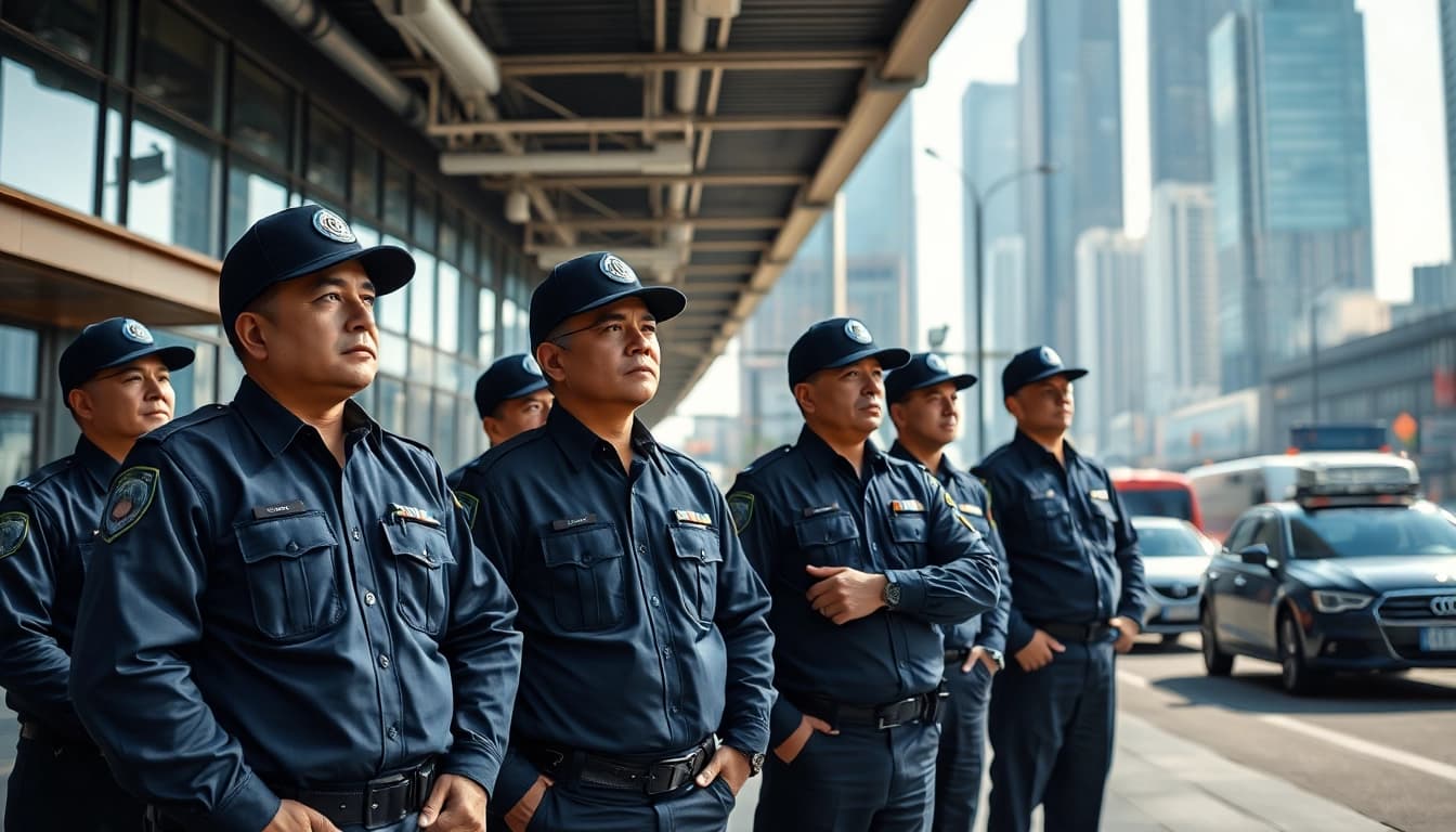 Security agency professionals securing a vibrant urban area, showcasing teamwork and vigilance.
