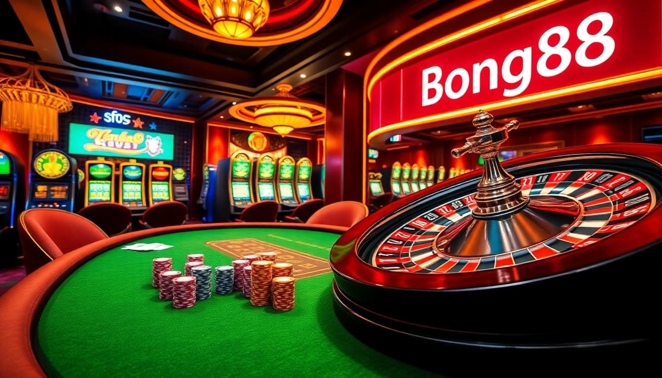 Bong88 casino scene with poker chips and a spinning roulette wheel, showcasing excitement and luxury.