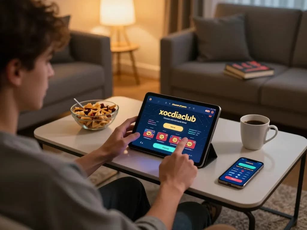 Player enjoying xocdiaclub app in cozy living room, showcasing responsible online gambling.