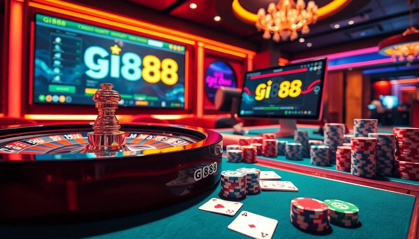 Engage with a gi88 online casino experience featuring vibrant poker chips and a roulette wheel.