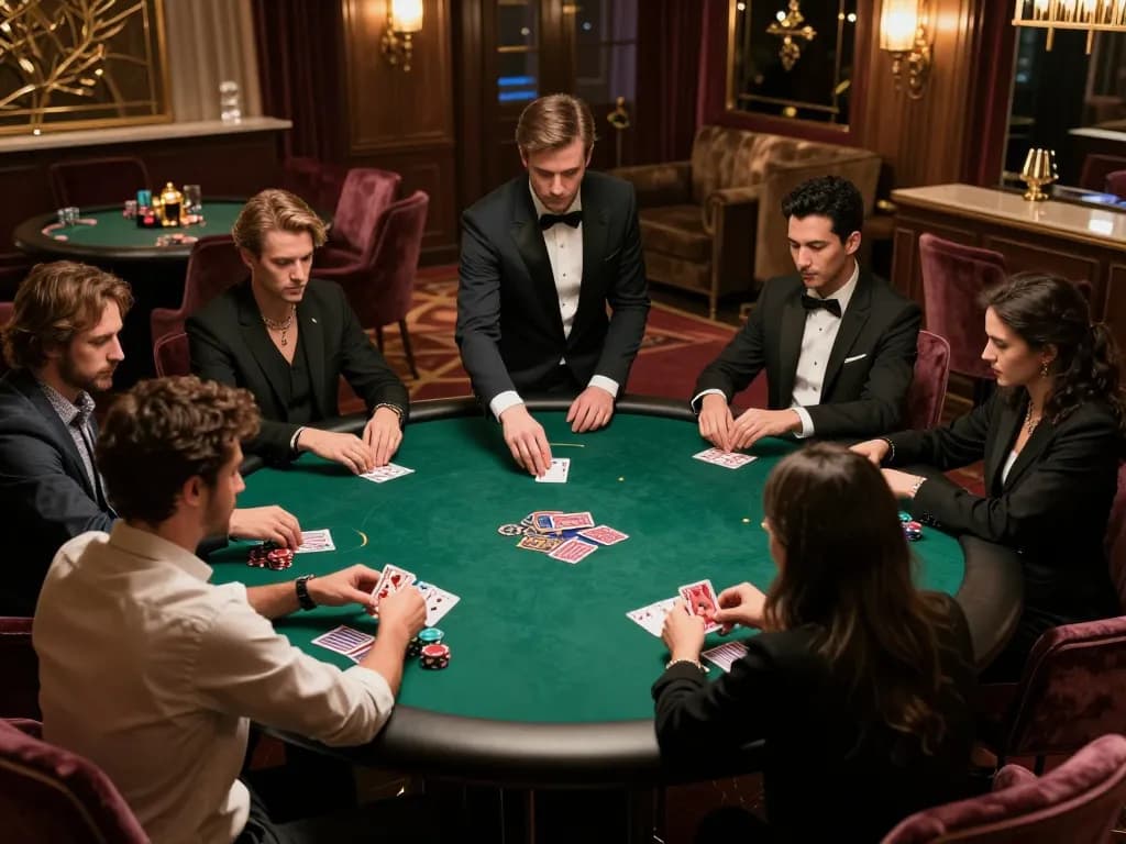 Players strategizing in a high-stakes poker game at NK88, showcasing chips and cards in a luxurious setting