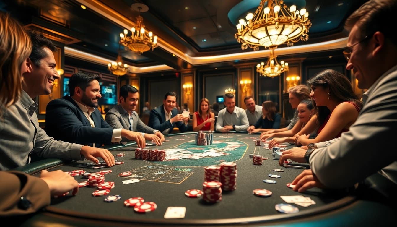 Engaged players enjoying game bài đổi thưởng at a high-stakes poker table in a luxurious casino.